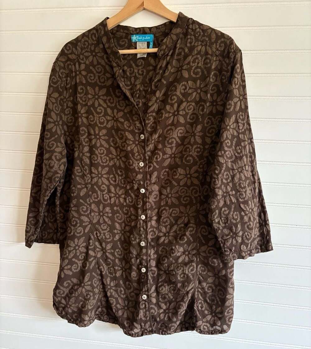 Lightweight Fresh Produce Women's Brown Floral Button Down Shirt Size L Summer T
